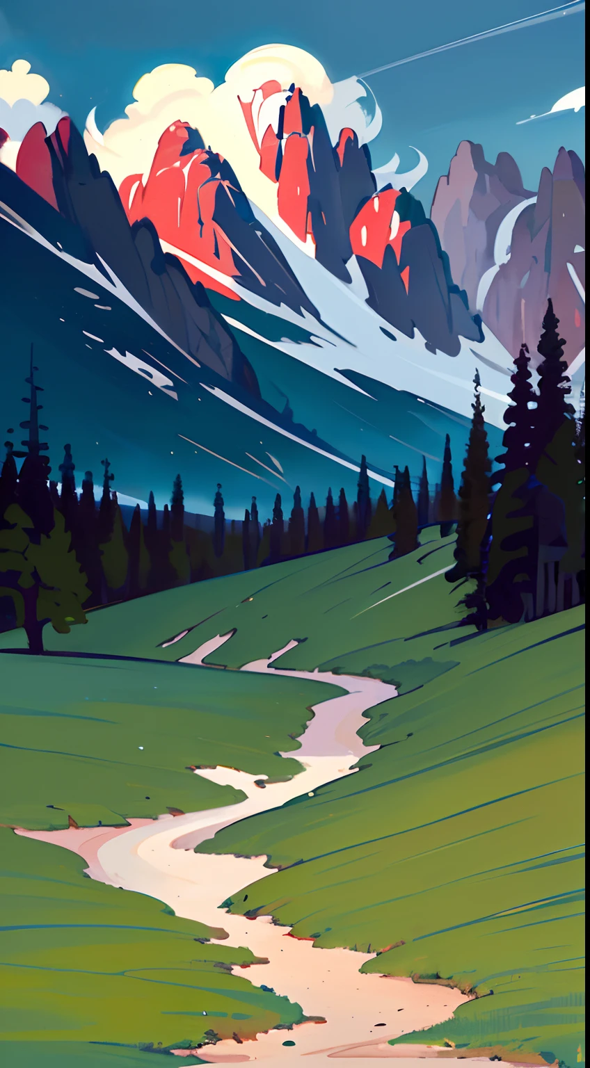 Sargent와 Rhads, Leyendecker와 Greg Hildebrandt의 그림 저녁 하늘, 추크슈피체 피츠 로이(Zugspitze Fitz Roy)를 배경으로 한 인도의 여름에 나무가 있는 낮은 천둥 구름 발자국, 색상 녹색, 빨간색, 파란색 흑백, 수채화