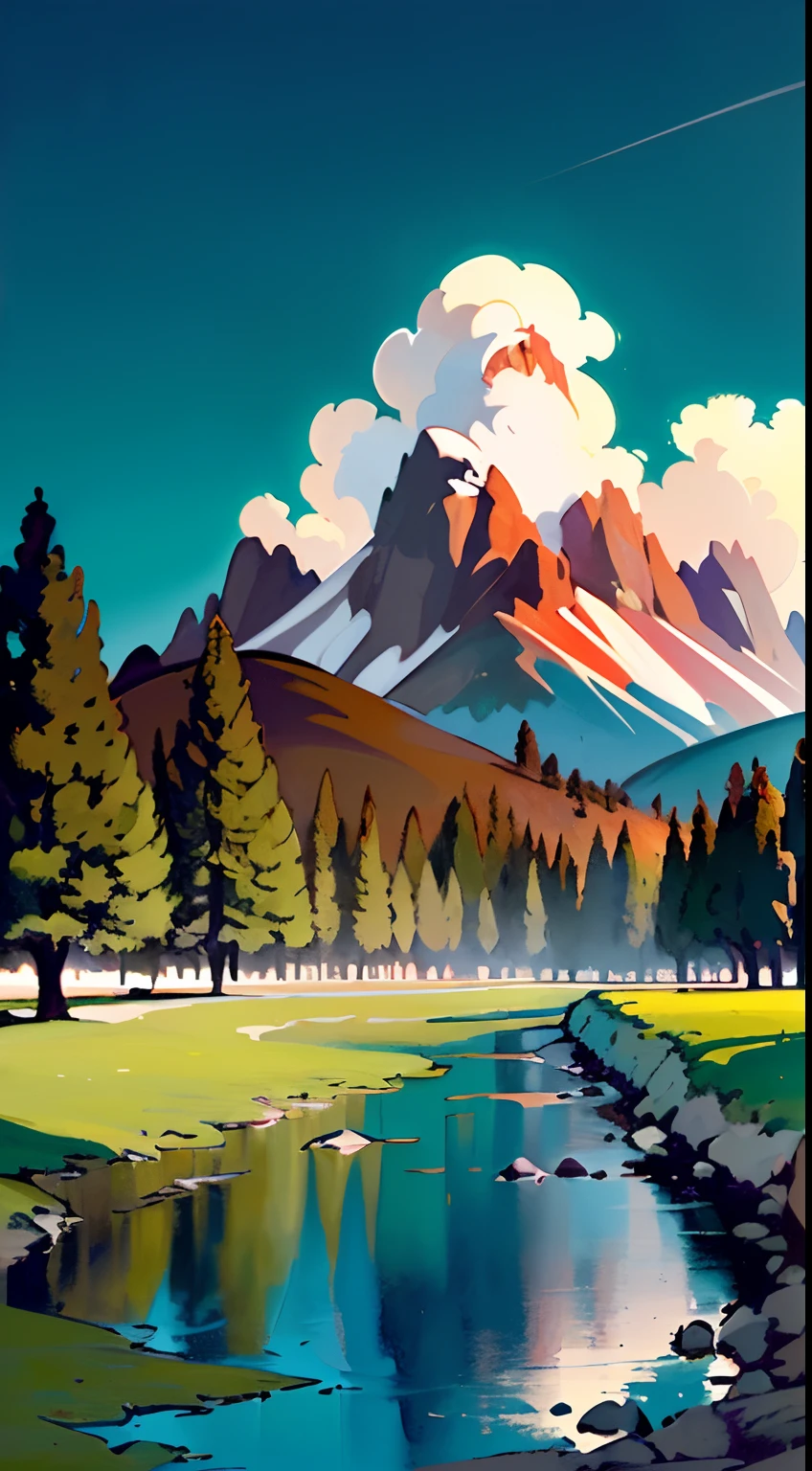 peinture de Sargent et Rhads et Leyendecker et Greg Hildebrandt ciel du soir, Faibles nuages d&#39;orage sentier avec des arbres à l&#39;été indien avec zugspitze fitz roy en arrière-plan, couleurs vert, rouge, bleu noir et blanc, aquarelle