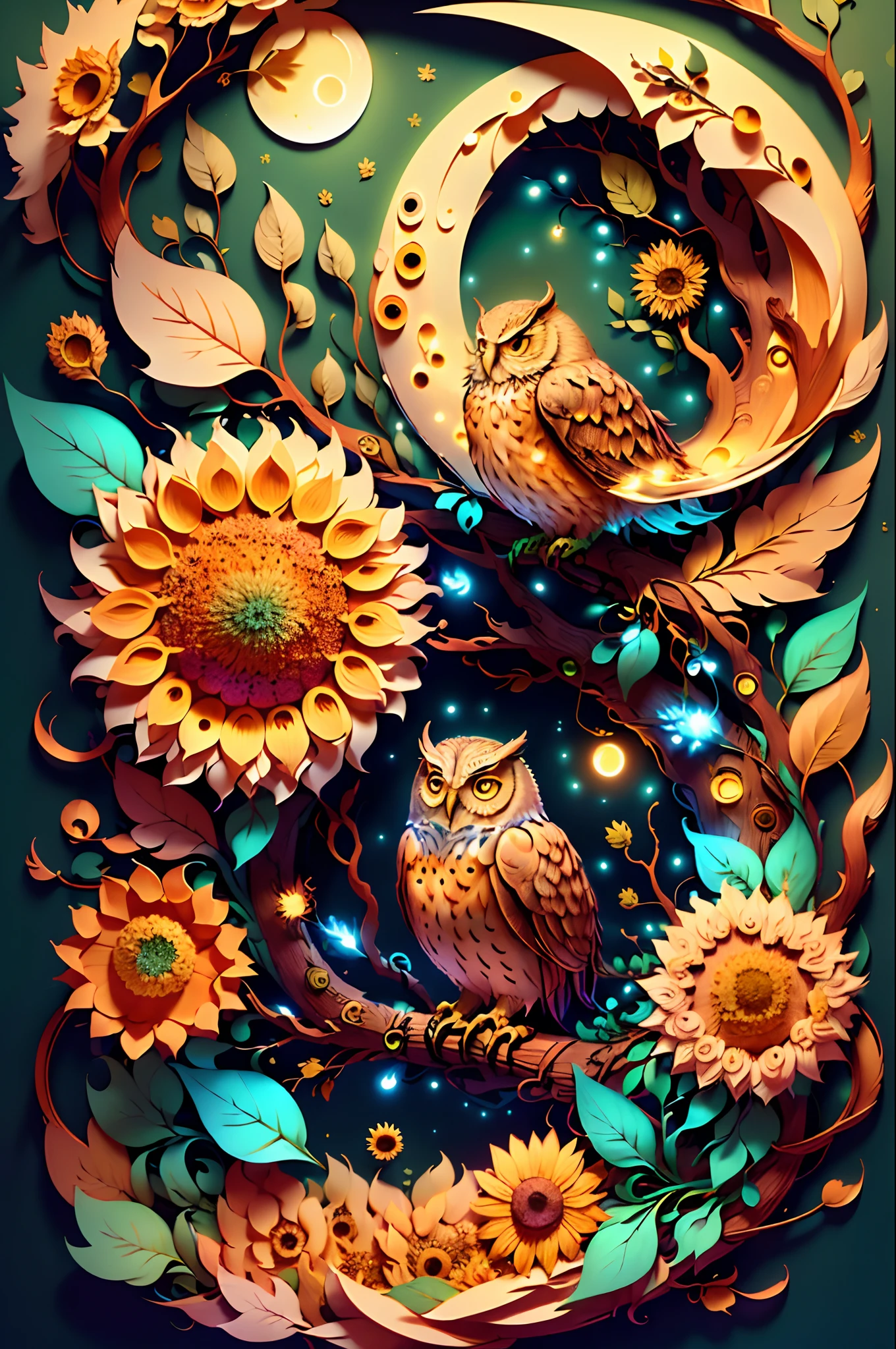 (((masterpiece))),bestquality, illustration, beautiful detailed glow, paper_cut, big owl, tree, moon, sunflowers, tree leaves