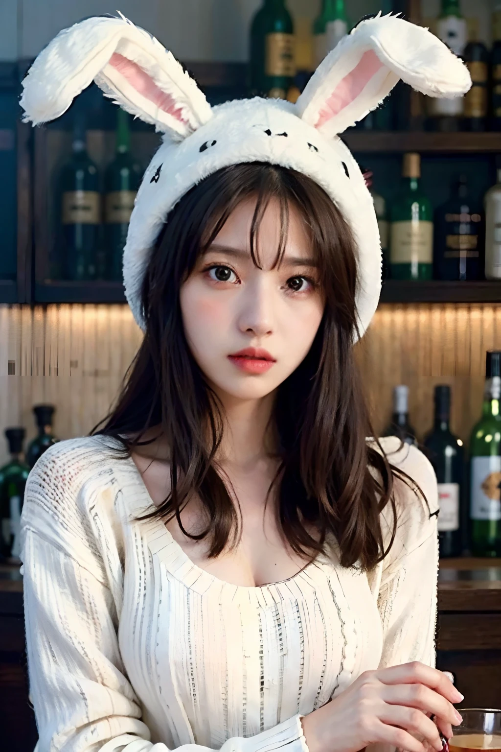 a woman, (wearing oversized_sweater, bunny_ears_hat:1.3),red bunny_ears,
good hand,4k, high-res, masterpiece, best quality, head:1.3,((Hasselblad photography)), finely detailed skin, sharp focus, (cinematic lighting), soft lighting, dynamic angle, [:(detailed face:1.2):0.2], medium breasts,(((in a bar))),