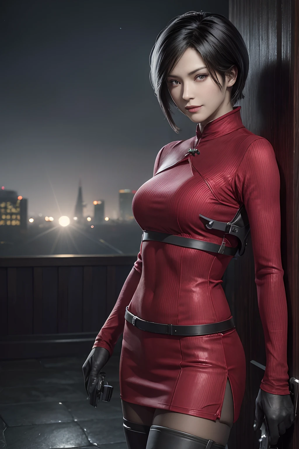 1 rapariga， 独奏， Ada Wong in Resident Evil 4 Remake， short detailed hair， brunette color hair， Red cheongsam， Short-sleeved shirt， Nero， nedium breasts， upper limbs， hindquarters， Black heels， Adriana's face， Find your audience， sly smile， A pistol was hung on her waist， best qualtiy， hight resolution：1.2， 18th century village in the background， Shadowing， Nightmare， rays of moonlight， Upper body photography， Low camera angle、depth of fields、center focused