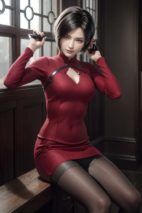 1 rapariga， 独奏， Ada Wong in Resident Evil 4 Remake， short detailed hair， brunette color hair， Red cheongsam， Short-sleeved shirt...