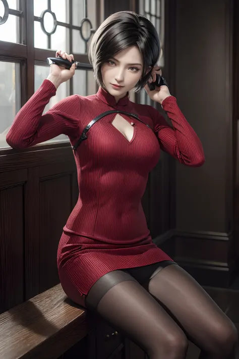 1 rapariga， 独奏， ada wong in resident evil 4 remake， short detailed hair， brunette color hair， red cheongsam， short-sleeved shirt...