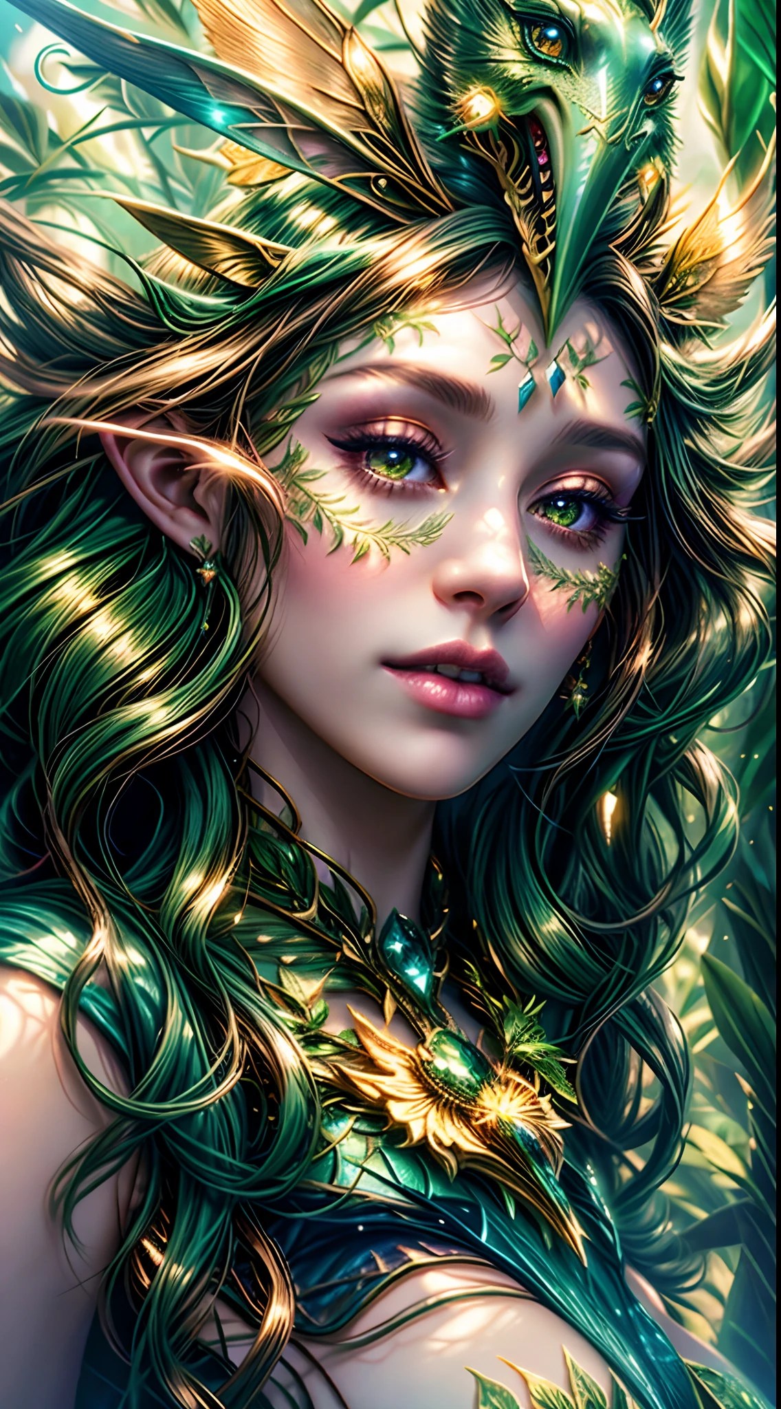 Eine Frau mit grünem Make-up und Blätterhut, Stilvolle und schöne Dryade, Porträt einer Dryade, hyperrealistische Fantasy-Kunst, wunderschönes Fantasy-Kunstporträt, wunderschönes Fantasy-Porträt, Fantasy-Kunstporträt, Fantasy-Porträt, sehr schönes Elfen-Topmodell, wunderschöne Fantasy-Kunst, Trendige digitale Fantasy-Kunst, verzaubert mit Naturgeist, erstaunliche Fantasy-Kunst, Feenwald