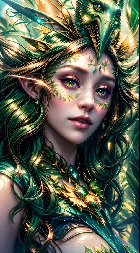 A woman with green makeup and a leaf hat, Dryad elegante e bonita, Retrato de uma Dryad, Arte de fantasia hiperrealista, retrato...