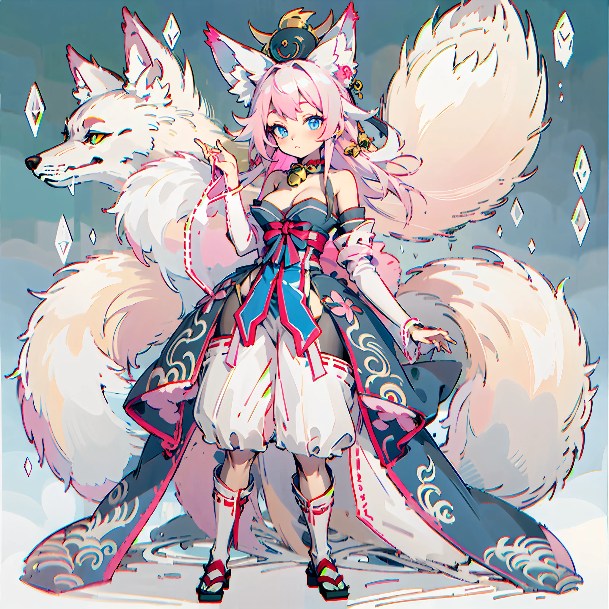 foxdress，bare shoulders，animal ears，Taoist clothes，Big sister，Full body standing painting，Pink waist-length hair，Dark blue eyes，Pink fox tail，A pair of hands，Two legs，Bell pendant，folding fan，There is a big powder blue fox behind it