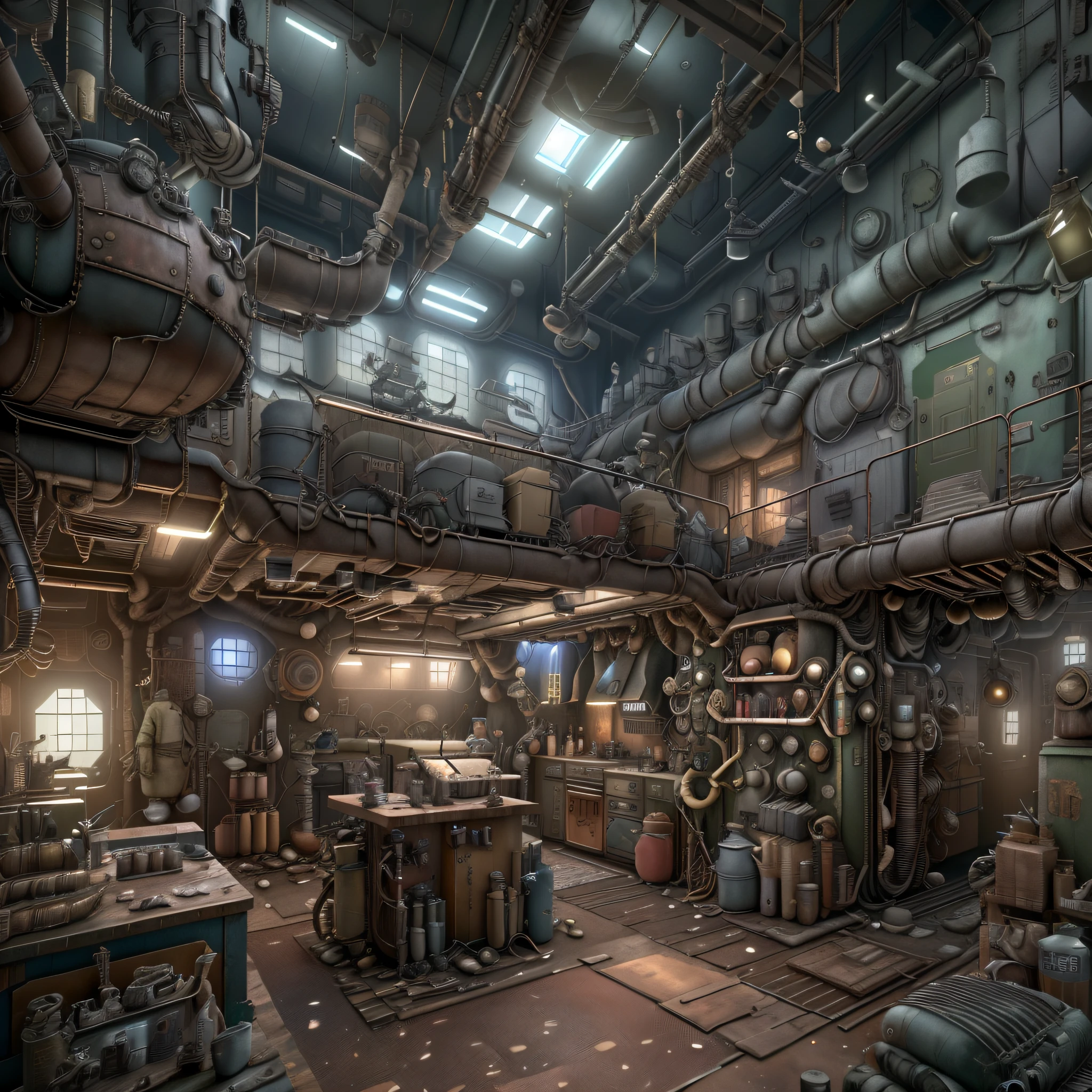 IA Dieselpunk:Salle de réparation spacieuse à deux étages,(Photoréaliste:1.2),(profondeur de champs),((Meilleure qualité,4k,8k,Une haute résolution,chef-d&#39;œuvre:1.2)),