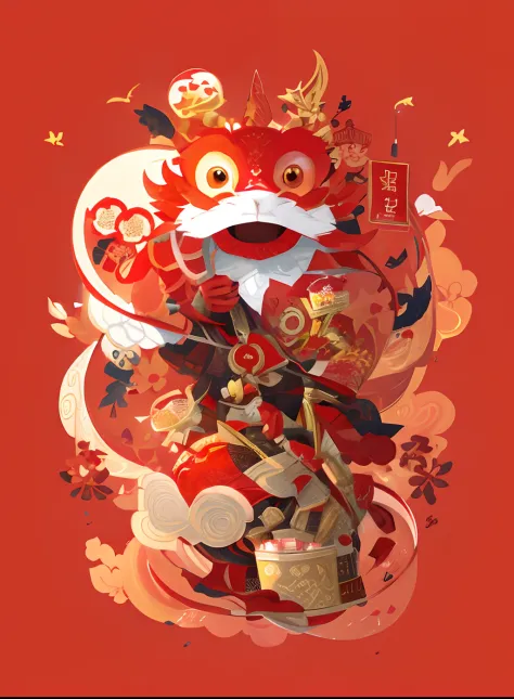 red dragon with a bunch of people around it, The atmosphere of Tet holiday is cheerful, the light is soft and sweet, full color digital illustration, full color illustration, yellow dragon head festival, 5d, 5 d, large view, illustrative art, 2 d, 2d, by Y...