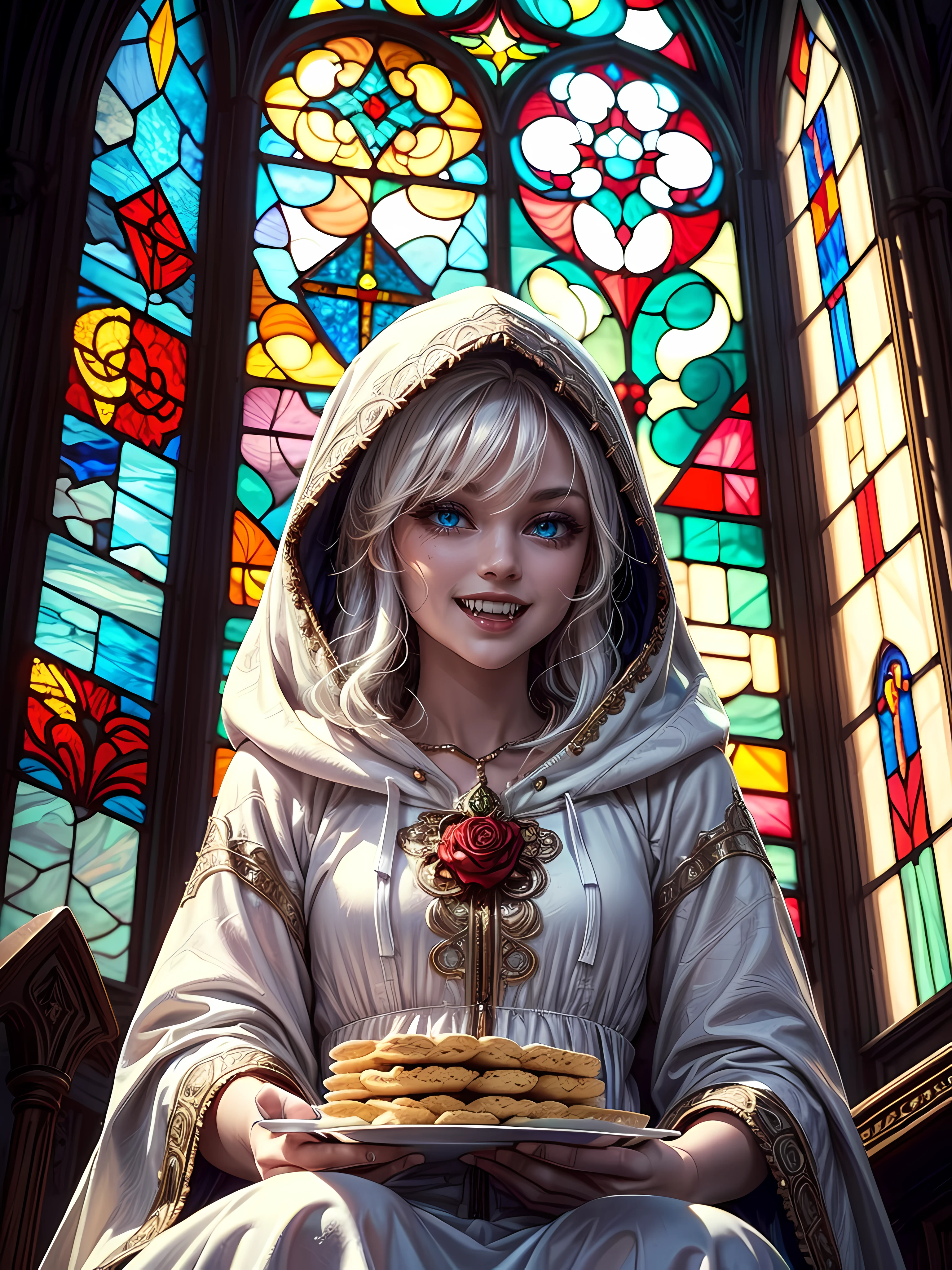 cartoon style, (high angle shot:1.3), sitting (solo:1.3) stunning detailed (noble vampire:1.3) woman, (vivid big blue eyes:1.2), (long) white hooded dress, (sinister smile:1.2), heroic, (white hair), holding a plate of (delicious small cookies:1.2) with chocolate, sunrays going through the cathedral (stained glass with rosy ornate:1.2), glowing print, dreamy, majestic, breathtaking, volumetric lighting