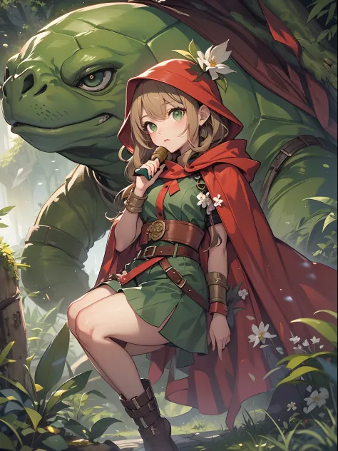 ((Stylish girl standing in front of two giant ancient turtles)) ,((Blowing a wooden whistle))、((Little teenage girl, Wear a red cloak, Wearing a red hood, Fully round eyelids, White flower hair ornament, Green Bikini, Leather shorts, Belt bag, green colore...