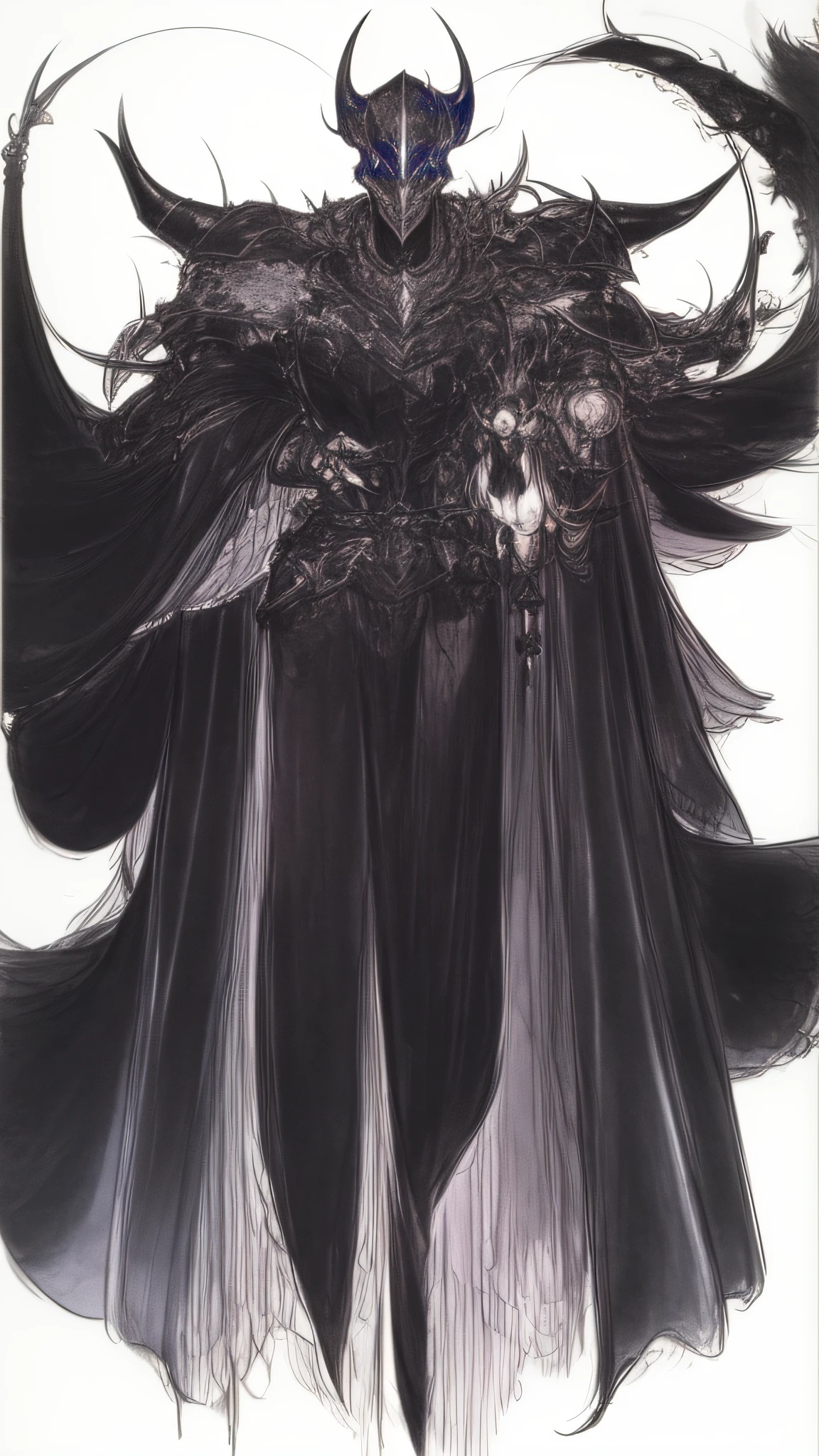 Rough sketch(((Black Knight)))、White background、、line-drawing、pale color、、Fantastical、coarser line、Painterly、Lively poses、Crow's feathers、Delicate touch、fine lines、white of the eye、Clenching teeth、wriggling the body、fullface、black horns、Black Armor、silhuette、Black and purple gradient、 (Dark dim dramatic atmosphere)+ 8k portrait of a girl with super long aurora hair