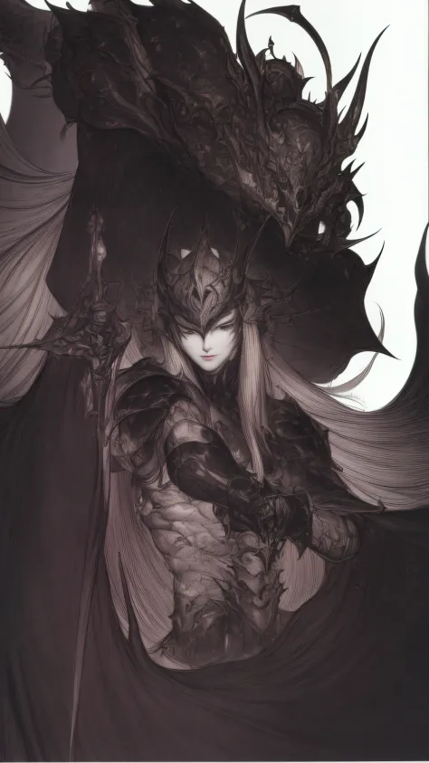 Rough sketch(((Black Knight)))、White background、、line-drawing、pale color、、Fantastical、coarser line、Painterly、Lively poses、Crow's feathers、Delicate touch、fine lines、white of the eye、Clenching teeth、wriggling the body、fullface、black horns、Black Armor、silhuet...