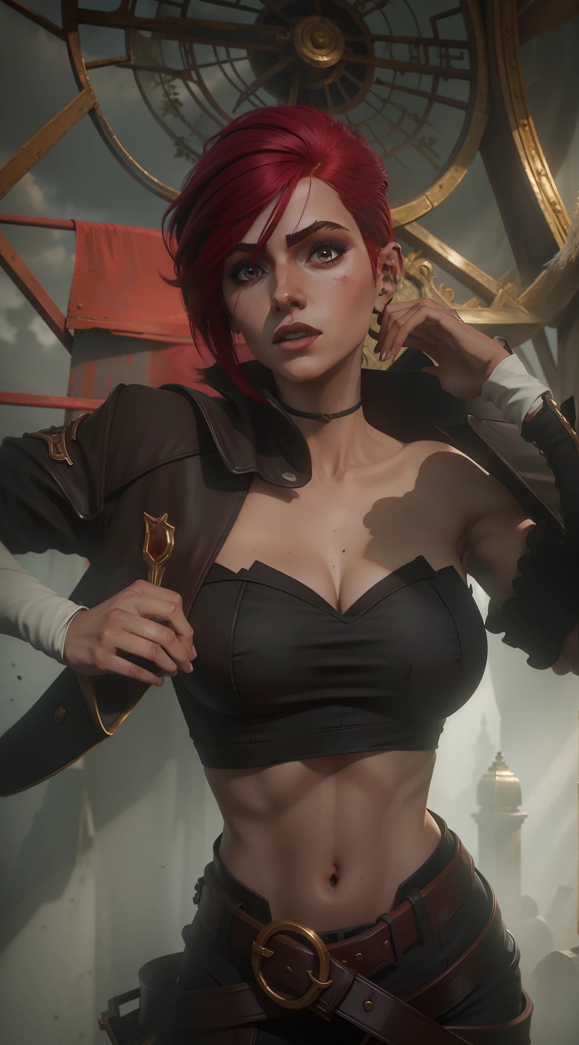 A woman with red hair and a black top is posing - SeaArt AI