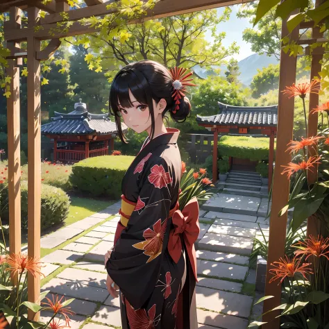 (Best Quality, masutepiece,8K),(1girl in, shrine maiden, Pitch black kimono,Brown-eyed,,Black hair, Walking, Upper body), Labyrinth of the Night, Huge tree on background,Ginkgo tree, (Lots of small, Bright red spider lilies grow on the ground), Shrine behi...