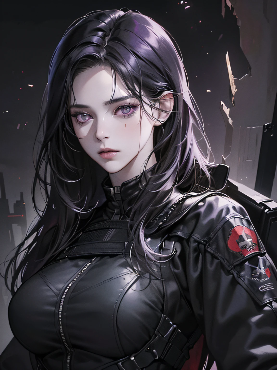 (best quality, (masterpiece), (high resolution, 8k, realistic, digital illustration detailed digital art, 1:5 HDR, dark lighting), dark, chaotic environment, perfect face, manhwa art, a woman, 25 years old, hair black, dark purple eyes, pale skin, covered in blood, black tactical clothing