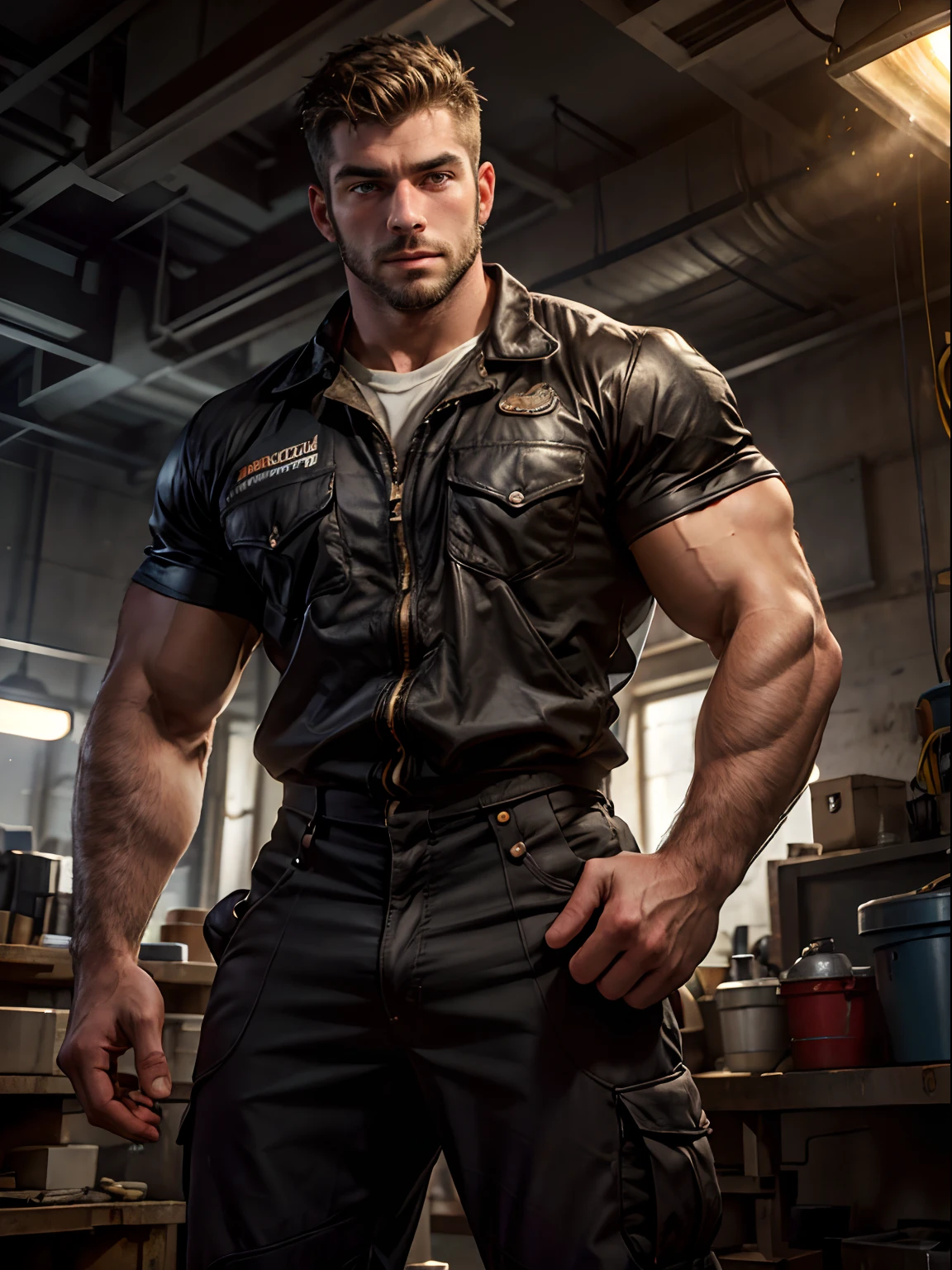 masterpiece, best quality, high resolution, male focus, solo focus, muscular, burly, hairy, male, a handsome man, mechanic, mechanic's outfit, bright light, amazing composition, front view, HDR, volumetric lighting, ultra quality, elegant, highly detailed