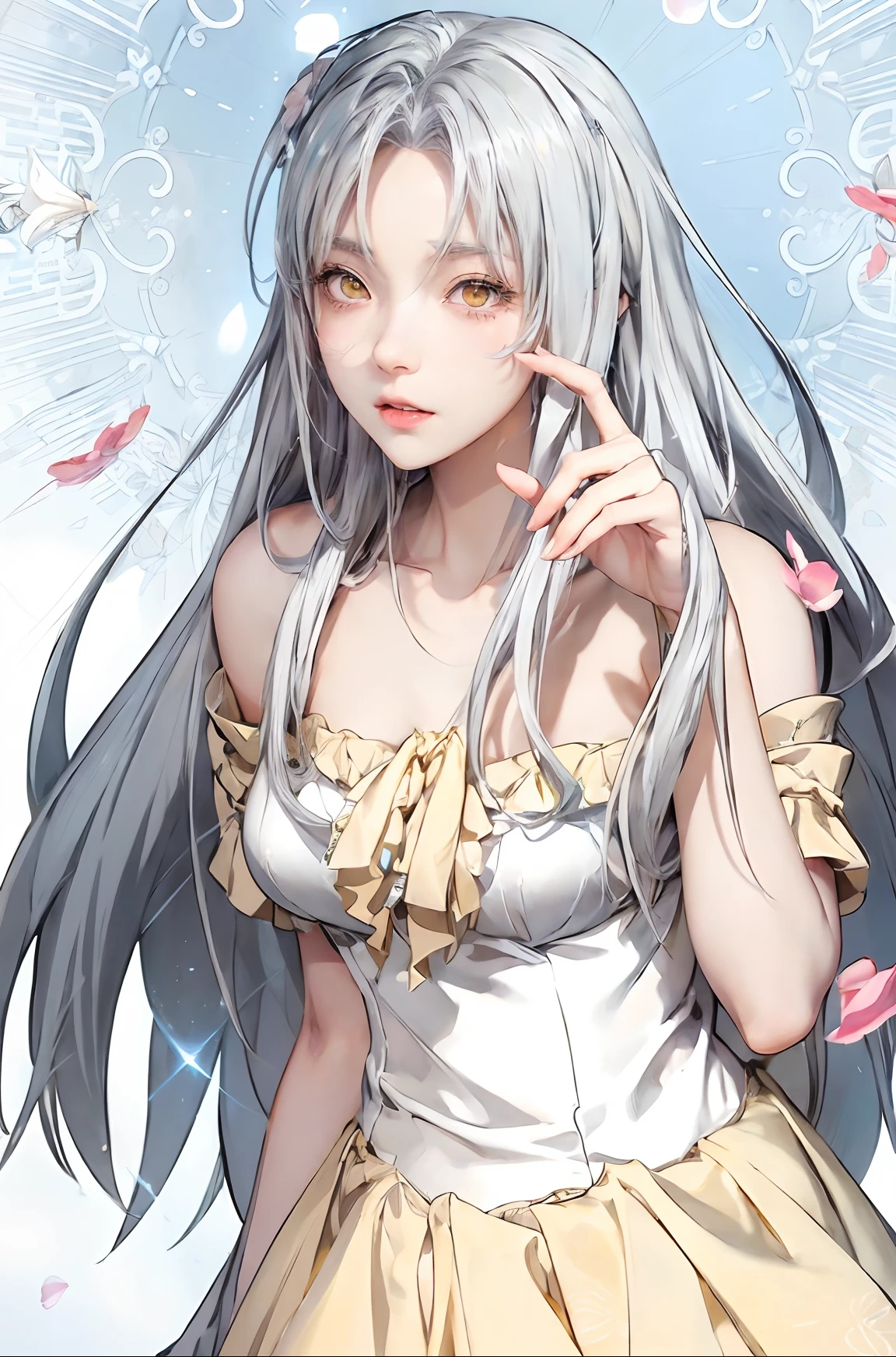 Chica de anime con cabello gris y vestido de color amarillo y blanco. , arte de anime digital detallado, Estilo artístico del anime Moe, fanart exquisito muy detallado, cushart krenz arte clave femenino, Arte detallado de alta calidad 8k, arte zerochan, arte anime limpio y detallado