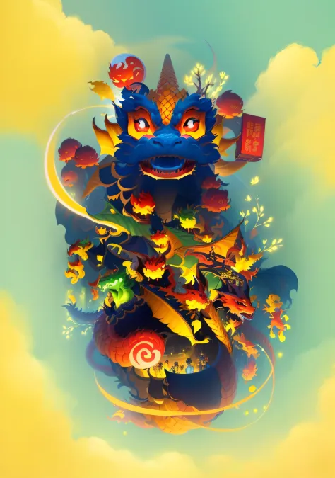 a cartoon image of a ((red dragon)) with a bunch of people around it, full color digital illustration, full color illustration, yellow dragon head festival, 5d, 5 d, large view, illustrative art, 2d, 2 d, by Yan Hui, color illustration, chinese new year in...