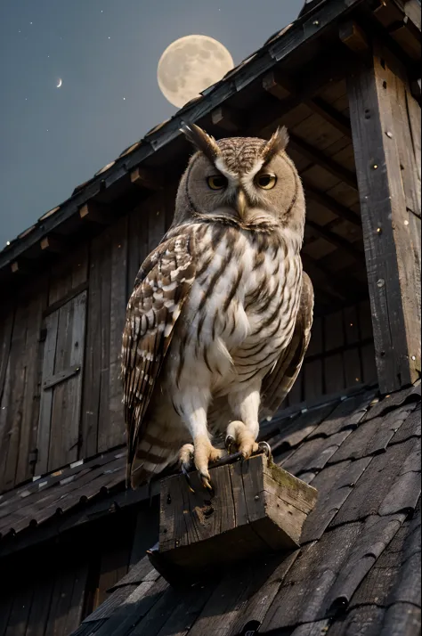 (masterpiece, best quality), best resolution, owl perched on the roof of a barn, night, full moon