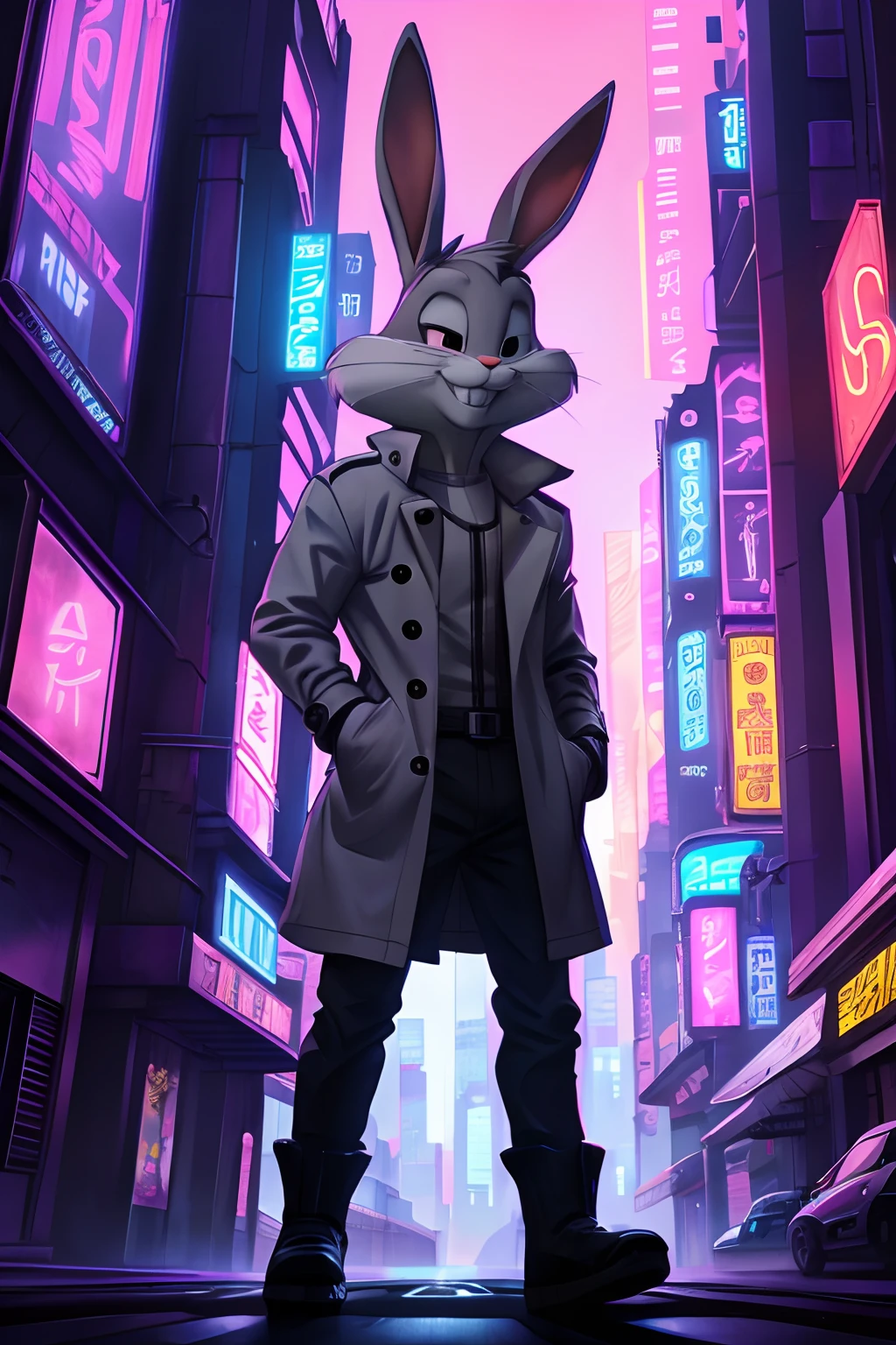 gloves, male, solo, bugs bunny, rabbit, buckteeth, city,night, long ears, grey body, grey fur, white fur,furry,anime style, anime screencap, 2010s_\(style\), grin, forest, upper body, trench coat, futuristic city, in the style of blade runner 2049, 8k, volumetric lighting, pink neon lighting, cyberpunk