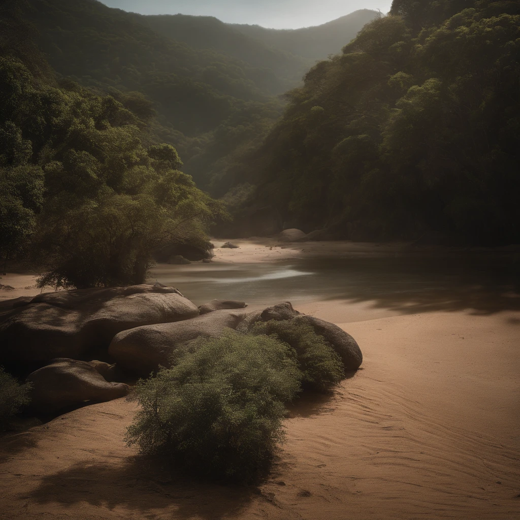 Create an image of a river, On one side the river is dry, low on water, Around the trees are dry, cracked earth... and on that side a man inside that river, in the middle of the river a wall that separates the dry side from the flowery side