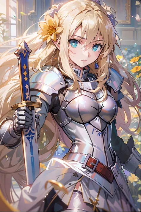 Blonde woman in armor with sword and flower background, of a beautiful female knight, beautiful female knight, inspired by Magali Villeneuve, Female knight, magali villeneuve', alluring elf princess knight, Kushatt Krenz Key Art Women, girl in knight armor...