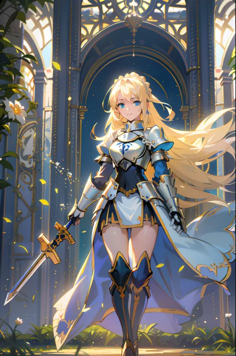 Blonde woman in armor with sword and flower background, of a beautiful female knight, beautiful female knight, inspired by Magali Villeneuve, Female knight, magali villeneuve', alluring elf princess knight, Kushatt Krenz Key Art Women, girl in knight armor...