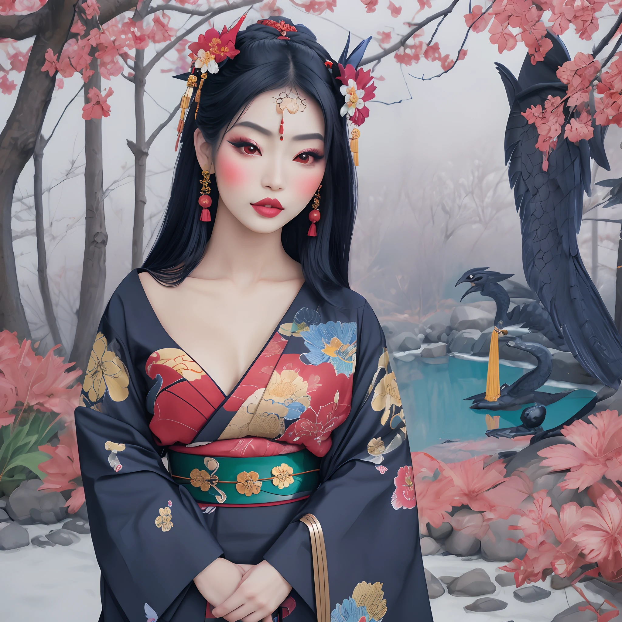 foto realista, Descrição do Memento Mori Oriental: Em um jardim tradicional japonês velado por uma névoa misteriosa, uma garota oriental gótica, vestido com um quimono vibrante e colorido, fica ao lado de um lago sereno. O quimono dela, uma tapeçaria vívida de carmesim, AZUL COBALTO, e verde esmeralda, apresenta motivos de delicadas fênix e dragões ferozes, entrelaçando a beleza do Oriente com o fascínio sombrio do gótico. Um obi preto aperta sua cintura, adornado com intrincados bordados de ouro, enquanto seu cabelo preto como corvo é adornado com grampos dourados, em forma de peixe koi esquelético. Seu rosto é adornado com a tradicional maquiagem branca de gueixa, acentuando sua tez de porcelana, enquanto seus lábios são pintados com um tom de ameixa profundo. A cena exala uma fusão cativante do gótico e oriental, onde a beleza e a mortalidade se entrelaçam.