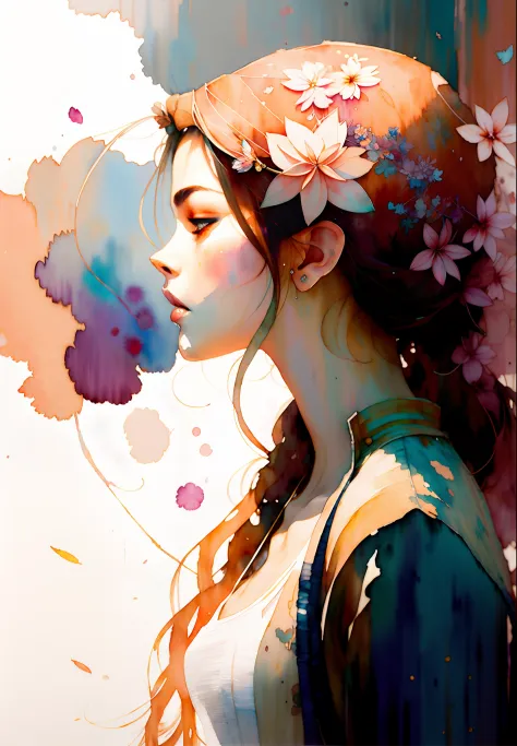 wtrcolor style, digital art of (jasmine), official art, blown by the wind, masterpiece, beautiful, ((watercolor)), paint splatte...