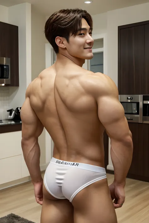 Photorealistic image, ((full body)). about a muscular athletic corean man, The body of a super-muscular trainer, (corean man with k-pop idol look), 20yo, wearing nothing but a white jockstrap, detailed eyes, detailed faces, a beautiful face, large open eye...