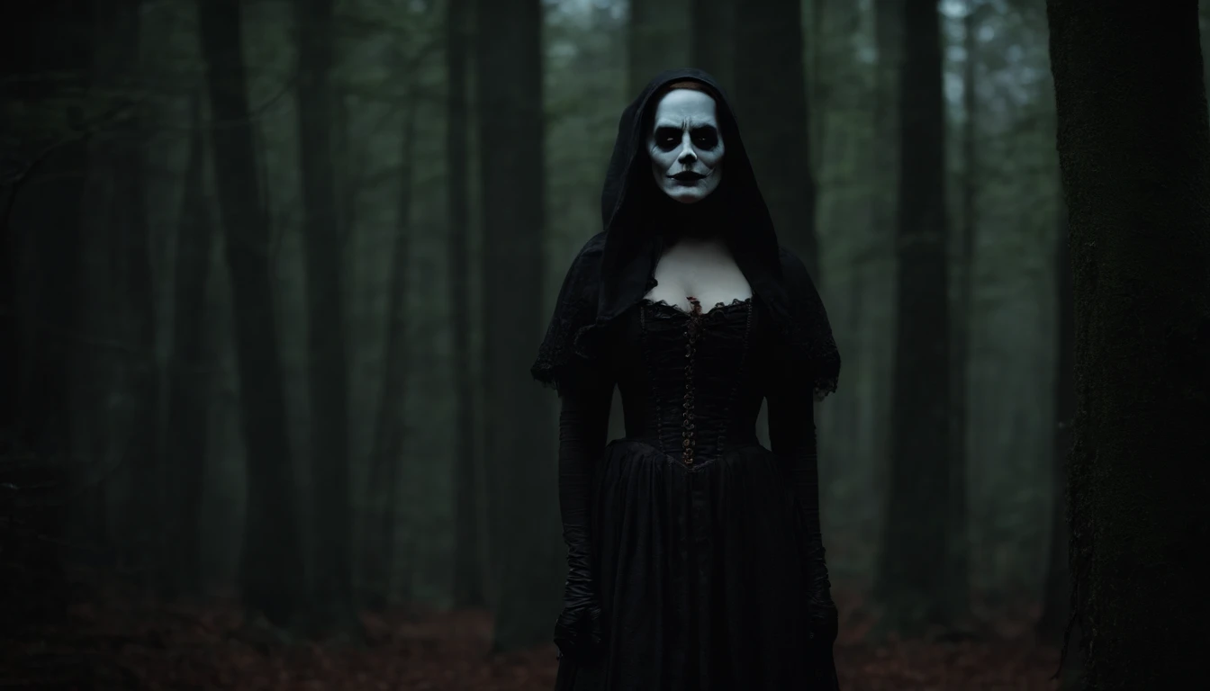 A woman in a black dress standing in the woods with a skull face ...