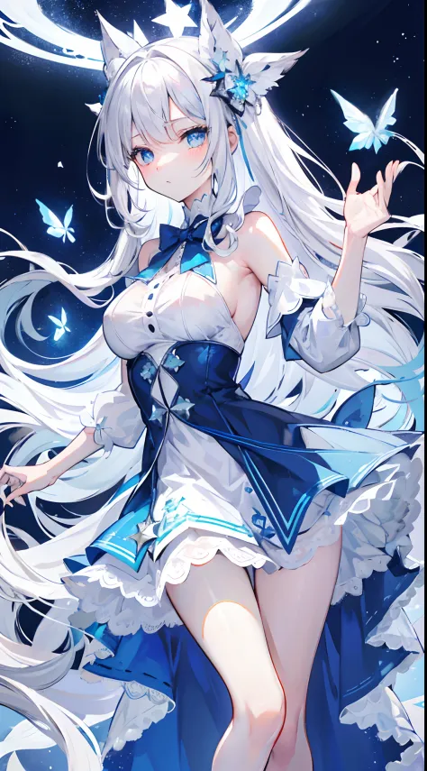 Long silver-white hair and waist，Scattered hair curtains，Two strands of hair curtain，Crystal blue eyes，high light，Loving pupils，Gorgeous turn，Like dancing，Dark blue sailor dress off-the-shoulder dress，The skirt fluttered as she turned，White bloomers show s...
