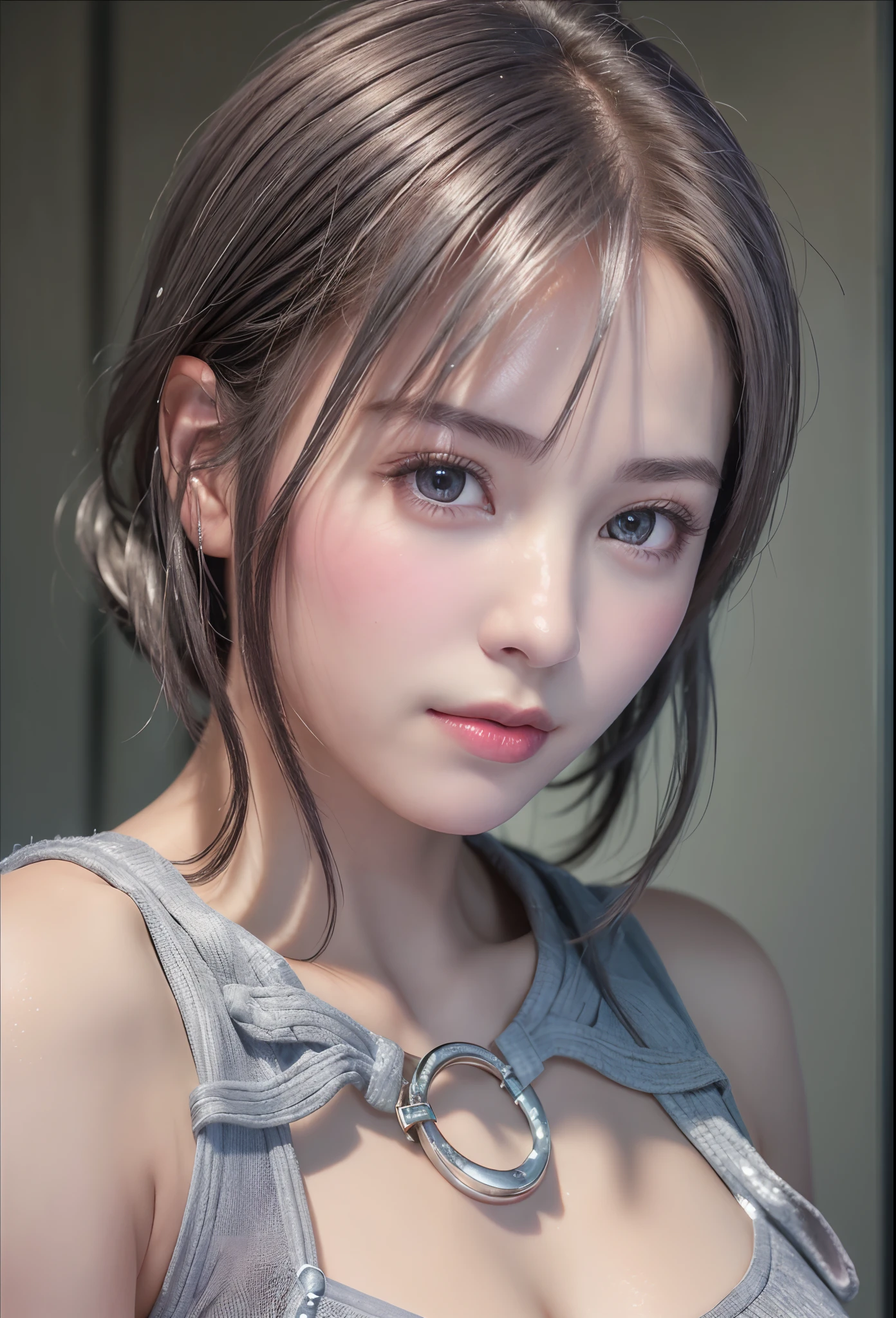 (8K, Photorealistic, Raw photo, of the highest quality: 1.3), (1girl in), Super beautiful, (Realistic face), (boyish, Silver Color Berry Shorthair), Beautiful , Glare that captivates the viewer, Beautiful expression, Beautiful breasts, (Realistic skin), Beautiful...