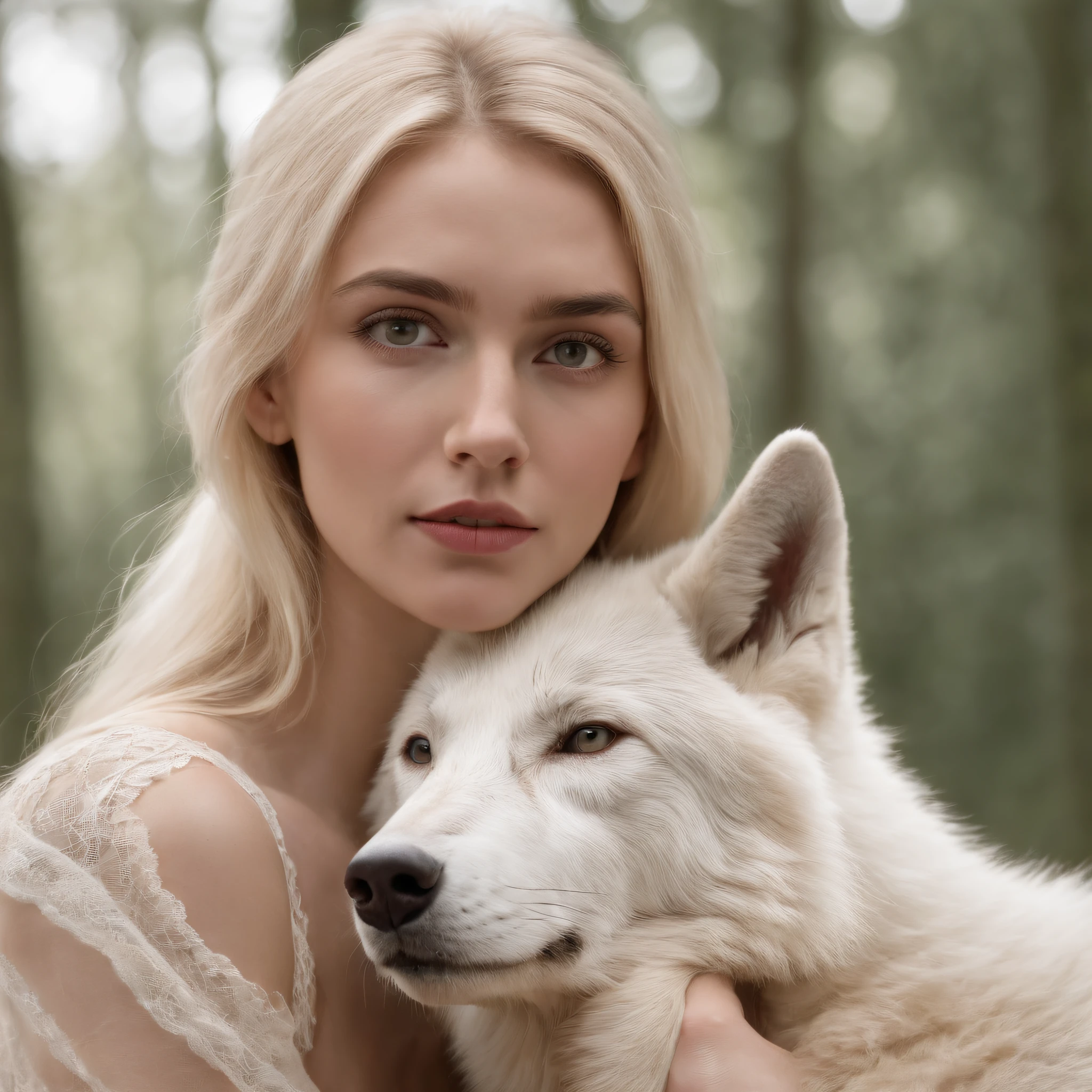 a blonde young european woman friendly and intimate with a white wolf, close up, ultra realistic,