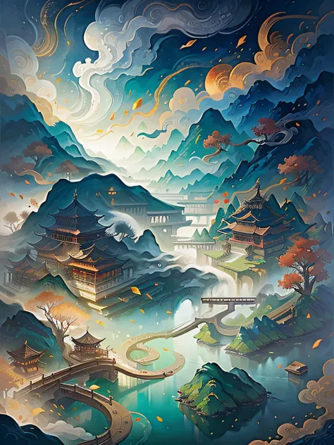 chinese wind mountains, river, auspicious clouds, pavilions, sunlight, masterpiece, super detail, epic composition, ultra hd, high quality, extremely detailed, official art, unified 8k wallpaper, super detail, 32k
