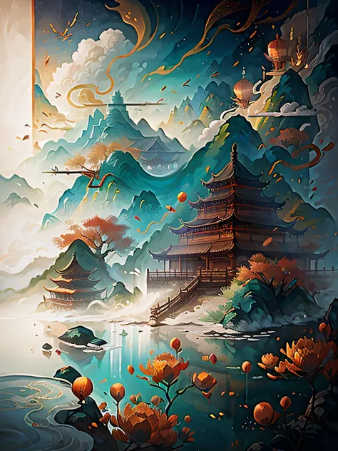 一幅山水画，中间有一座宝塔和一座桥- SeaArt AI