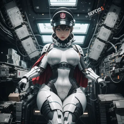 sea captain hat, superhero costumes, futuristic space adventure, anime girl in uniform posing in a space station, oppai cyberpun...