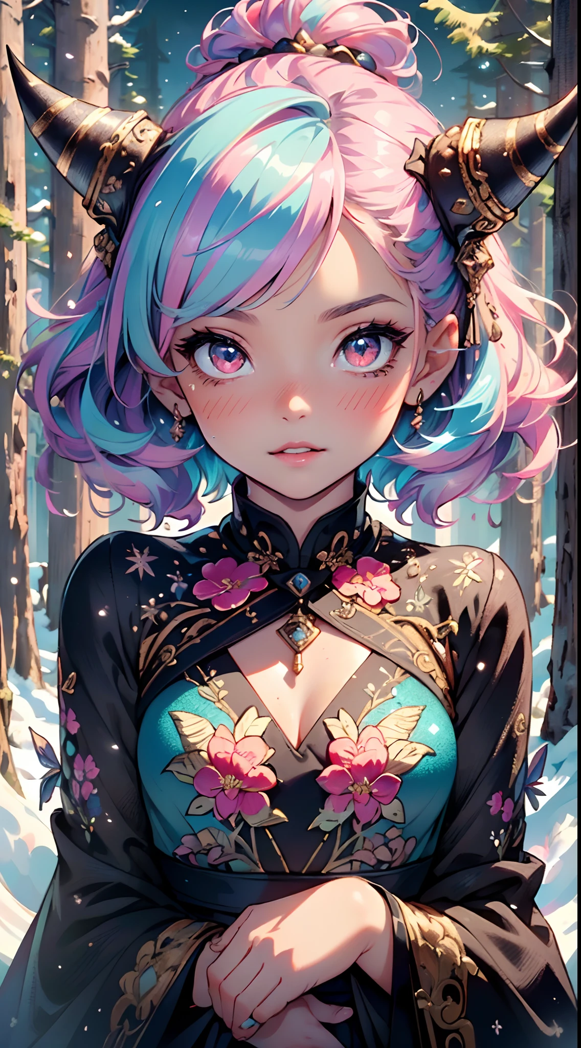 1 girl, two colored hair: pink hair color, blue hair color, gradient, yellow cat eyes, eyeliner, glossy lips, seductive,horns, sparkles, fantasy:1.1, magical effect:1.1, glowify, kawaiitech, pastel colors, kawaii, cute colors,(((little girl,tiny body,little,chibi))),(((6 years old))),(((1 toddler:1.4))),(baby face),(round face),

(((flat chest))),intricate eyes,beautiful detailed eyes,symmetrical eyes,big eyes:1.5,(((lustrous skin:1.5,bright skin: 1.5,skin tanned,shiny skin,very shiny skin,shiny body,plastic glitter skin,exaggerated shiny skin,illuminated skin))),(detailed body,(detailed face)),

cute,nsfw,

♀⚢❤🦄🌷🌈,(((intricate outfit,intricate clothes,embroidered outfit,ornate outfit))),

(dynamic pose:1.0),(centered,scale to fit dimensions,Rule of thirds),

((snowy pine forest at night)),with dark stormy clouds,winter,scenery:1.25,((snow forest background)),Christmas tree,

highres,sharp focus,(ultra detailed,extremely detailed),(photorealistic artwork:1.37),(extremely detailed CG unity 8k wallpaper),(((vibrant colors,vibrant theme))),(intricate),(masterpiece),(best quality),