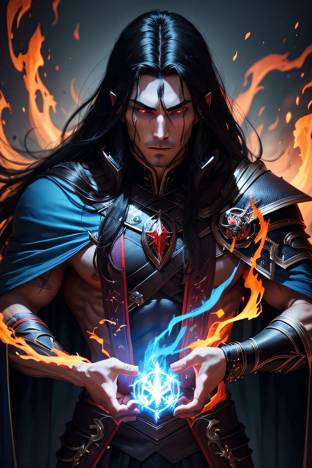dark muscular male evil lord with long black hair wearing black and red ...
