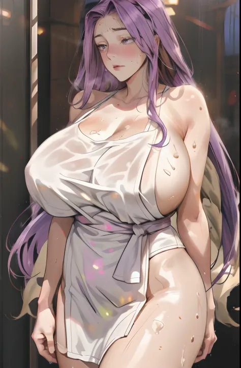 MedGorg, (long hair, purple hair:1.6), purple eyes, breasts, epic art, fantasy, 1girl, towel, breasts, looking_at_viewer, huge_breasts, solo, _cover, collarbone, thighs, covering, white_towel, wet, "Photorealistic, Hyperrealistic, Hyperdetailed, analog sty...