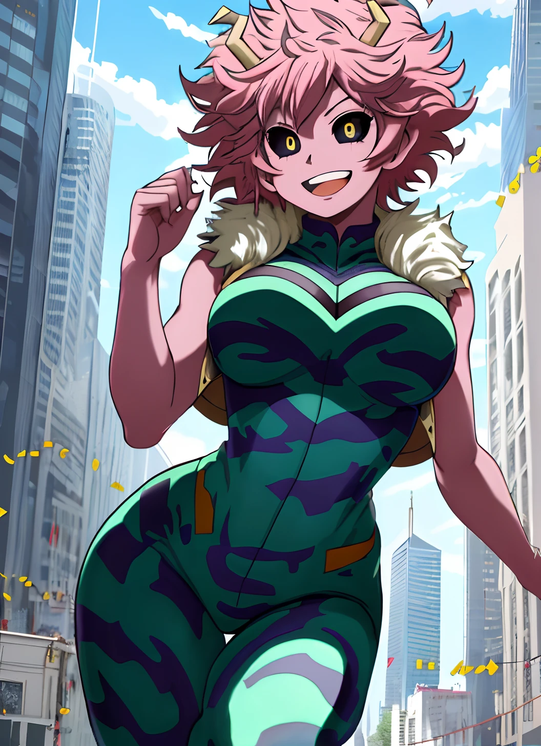 [mina ashido], [Boku no hero academia], ((masterpiece)), ((solo portrait)), ((front view)), ((cute)), ((High definition)), ((anime)), ((Kohei Horikoshi)), ((beautiful render art)), ((detailed shading)), ((cel shading)), ((intricate details)), {mina ashido; (pink skin), (curly yellow horns), long eyelashes, (cute black eyes), (yellow pupils), curly pink hair, short eyelashes, large boobs, (beautiful legs), (excited smile), (white teeth), (blushing)}, {(hero costume), (bodysuit), (yellow sleeveless jacket), (fluffy collar)}, {(dynamic pose), (looking at viewer)}, [Background; (skyscrapers), (blue sky), (sun rays)]