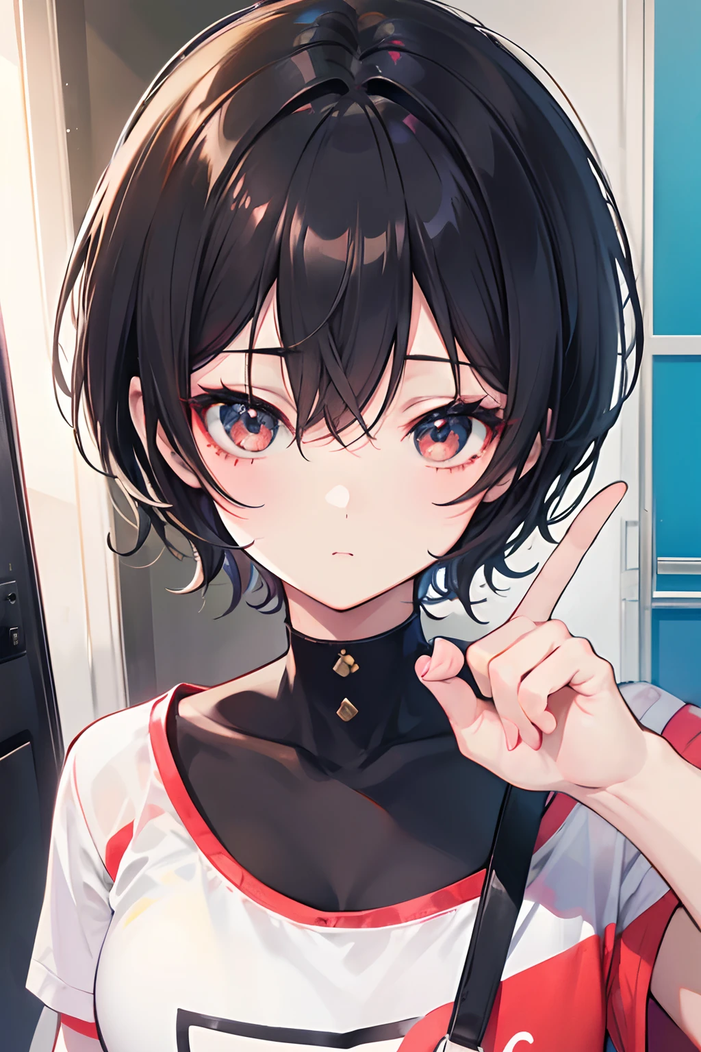 Anime girl with black hair pointing at something with her finger - SeaArt AI