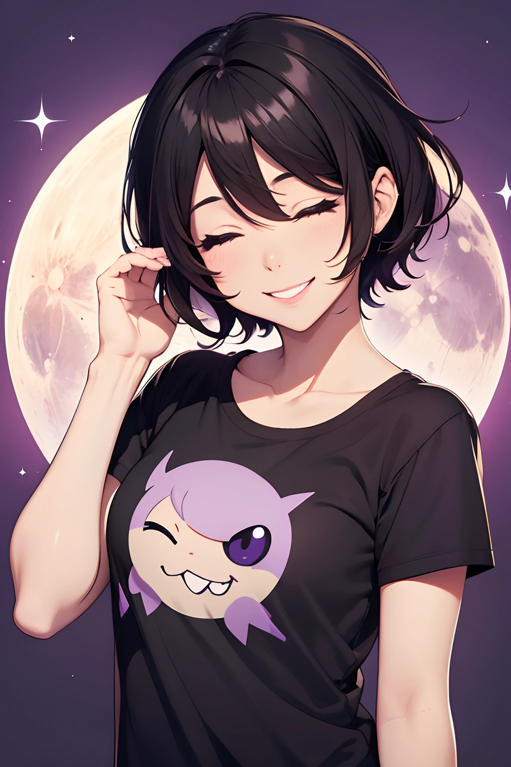 A woman with a black shirt and purple hair standing in front of a full moon  - SeaArt AI