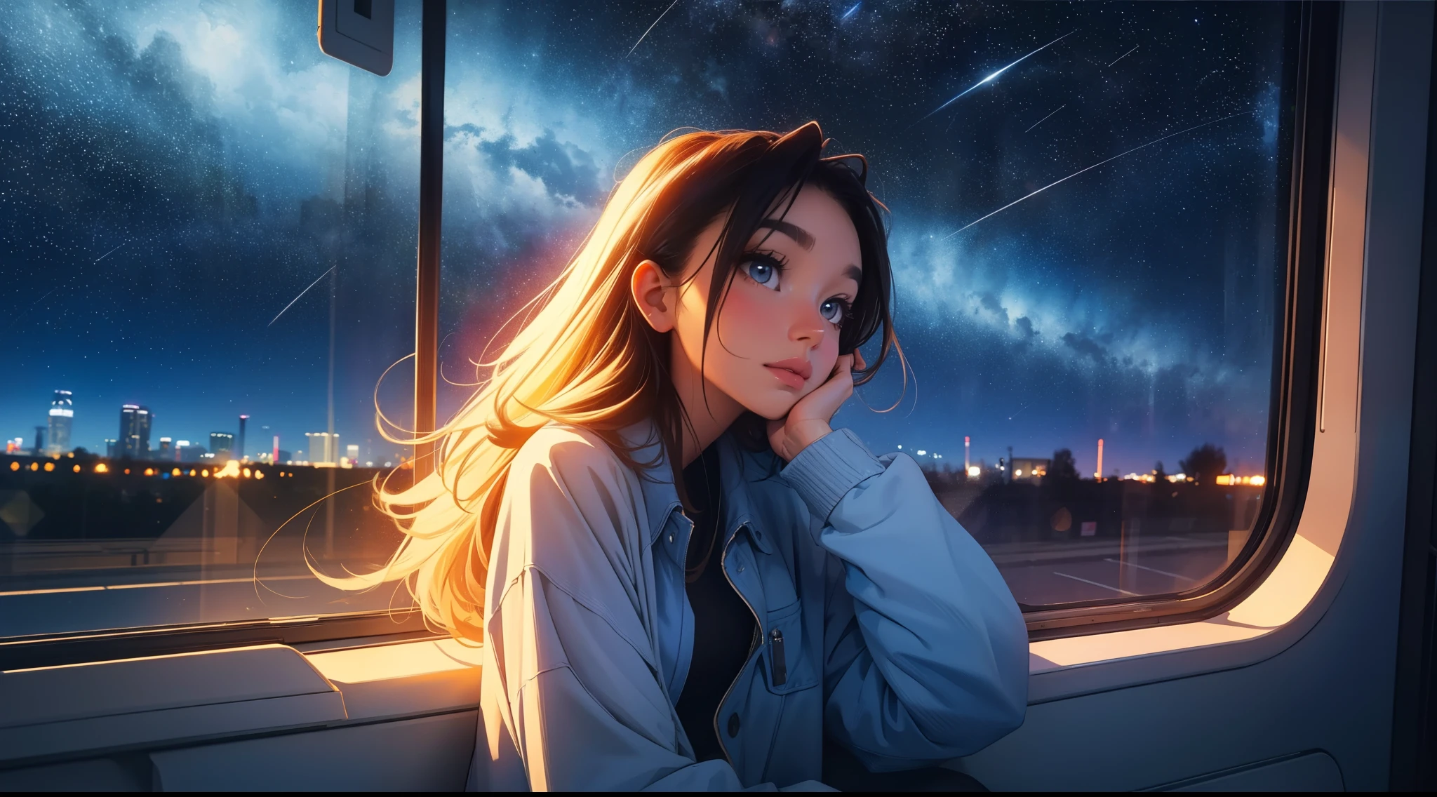 train,  sitting by the window,  pose pensives, Look at the stars, Head glued to the glass, Landscape passing by at high speed, voyage de nuit, beautiful starry sky, Une belle fille avec, UHD Portrait, (High quality) (ultra details) Regarder le spectateur en tenue de ville de style hip-hop; different, colourfull, colored  long hair 🌈