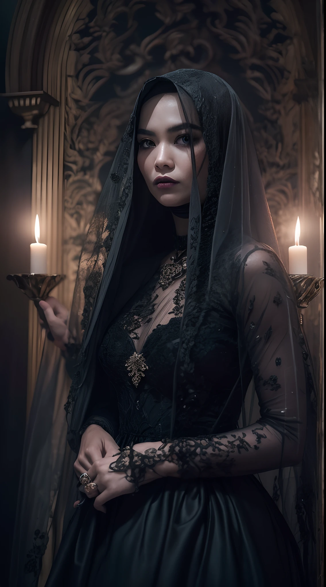Capture um retrato assustadoramente belo da mulher malaia em um visual de inspiração gótica,Cabelo longo branco, vestido de renda preto com véu, ambientado em uma mansão misteriosa e misteriosa, onde a luz de velas lança sombras misteriosas, criando uma atmosfera de escuridão, terror gótico.