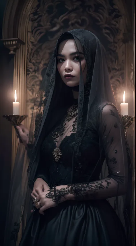 Capture a hauntingly beautiful portrait of the Malay woman in a gothic-inspired,white long hair, black lace gown with a veil, se...