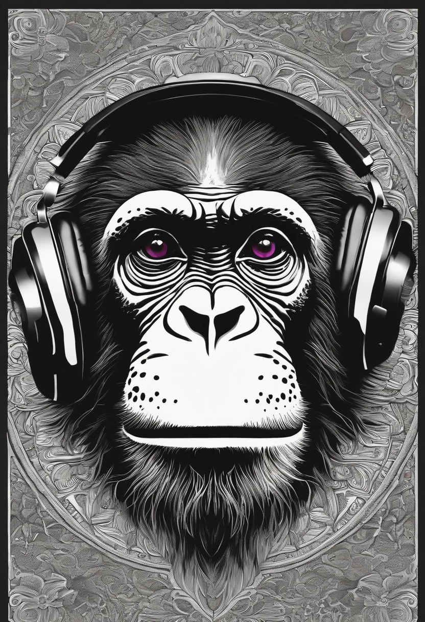 A black and white photo of a monkey with headphones - SeaArt AI