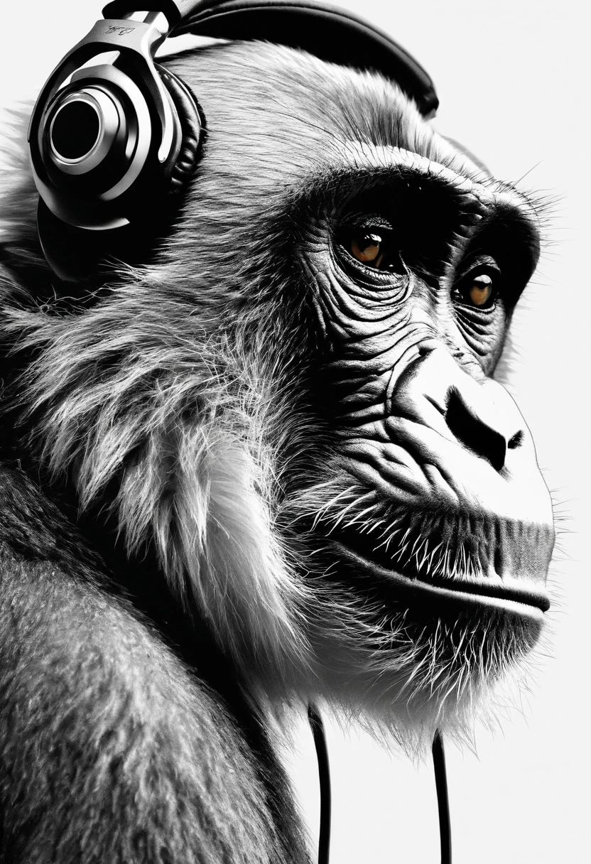 A close up of a monkey with headphones on and a camera - SeaArt AI