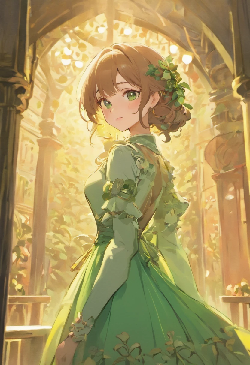 A woman in a green dress standing in front of a doorway SeaArt AI