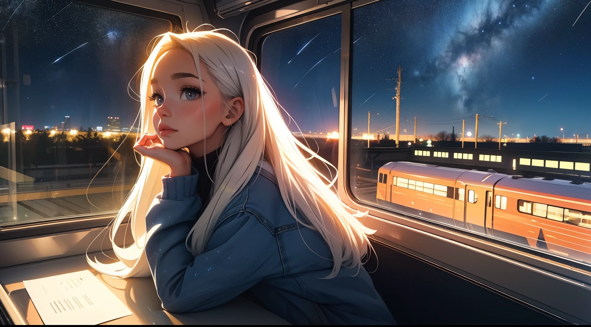 train,  sitting by the window,  pose pensives, Look at the stars, Head glued to the glass, Landscape passing by at high speed, voyage de nuit, beautiful starry sky, Une belle fille avec, UHD Portrait, (High quality) (ultra details) Regarder le spectateur en tenue de ville de style hip-hop; different, colourfull, very white and colored long hair 🌈